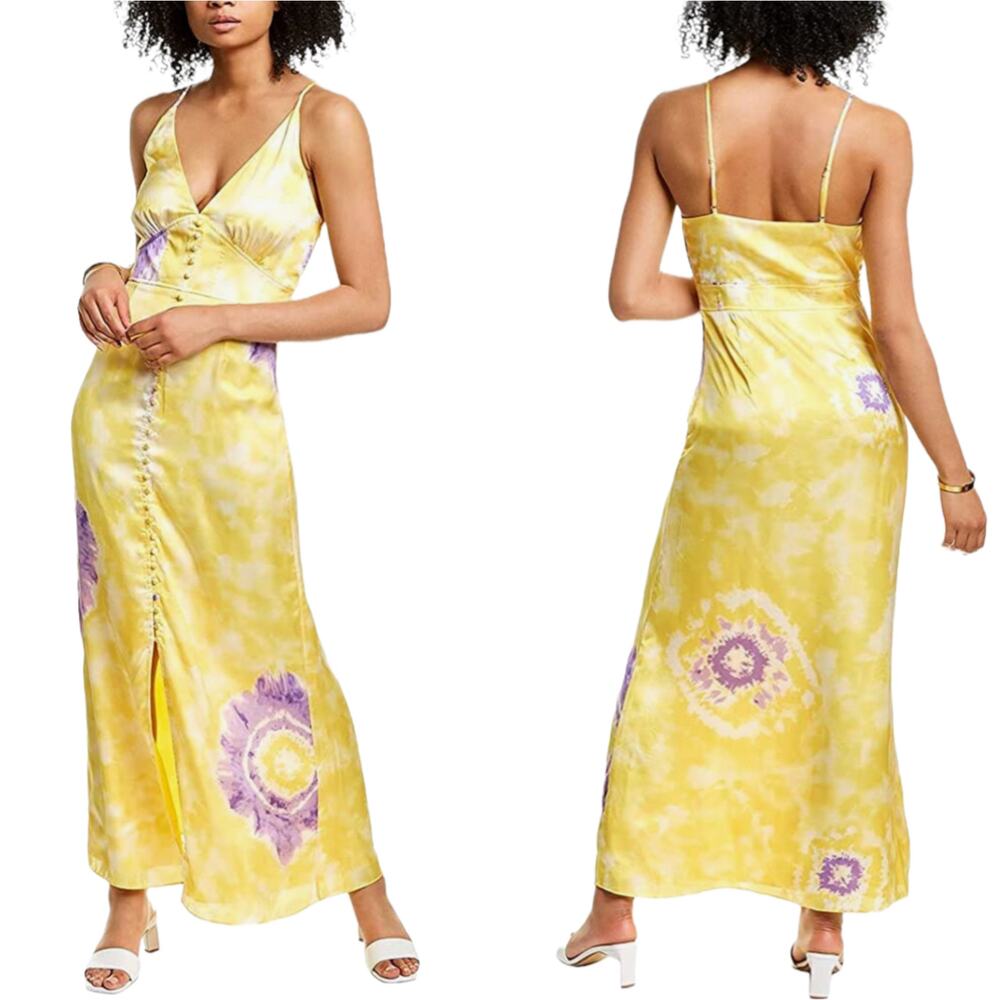 LINI Floral Yellow Satin Maxi Dress Size S
